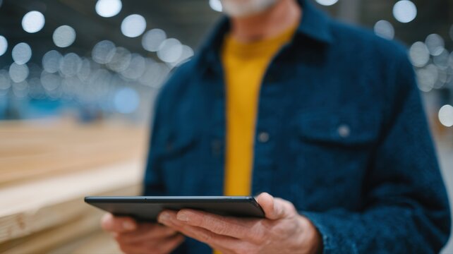 Handwerker nutzt Tablet-Technologie in seiner deutschen Werkstatt f&uuml;r die moderne Bestandsverwaltung von Werkzeugen und Holzsp&auml;nen.