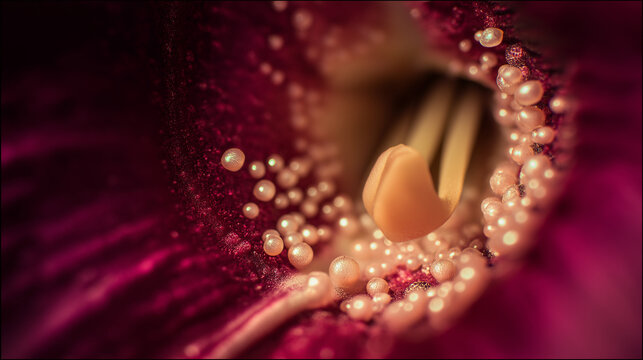 gibberellin. Macro view of tiny pearl-like ovules inside a lily's ovary, intricate biological detail. gardening catalogs, home-decor guides, designed for gardening and botanical catalogs.
