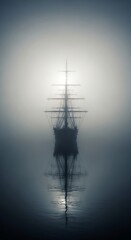 Naklejka premium A large ship sails through calm waters on a foggy day with sunlight shining through serene ocean travel