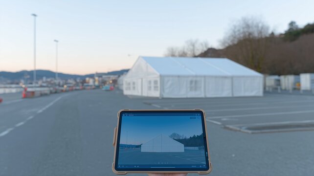 Effizienter Zeltverleih in Deutschland, Aufbau eines Veranstaltungszeltes durch ein Team mit digitalem Layout auf einem Tablet im hellen Tageslichtfeld