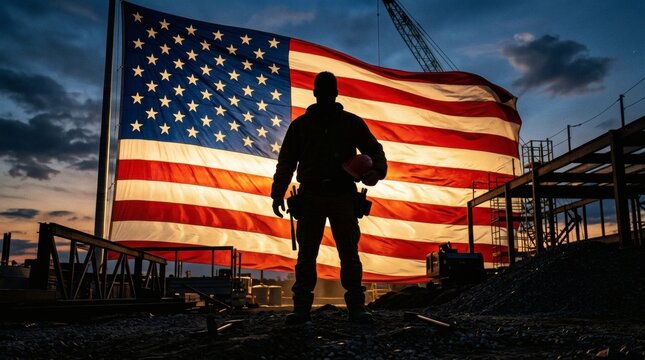Construction Worker Silhouette with American Flag at Job Site Labor Day Concept