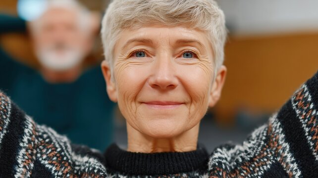 &Auml;ltere Menschen f&uuml;hren in entspannter Atmosph&auml;re Stuhl-Yoga-&Uuml;bungen zur Verbesserung der Handgelenk- und Handbeweglichkeit durch.