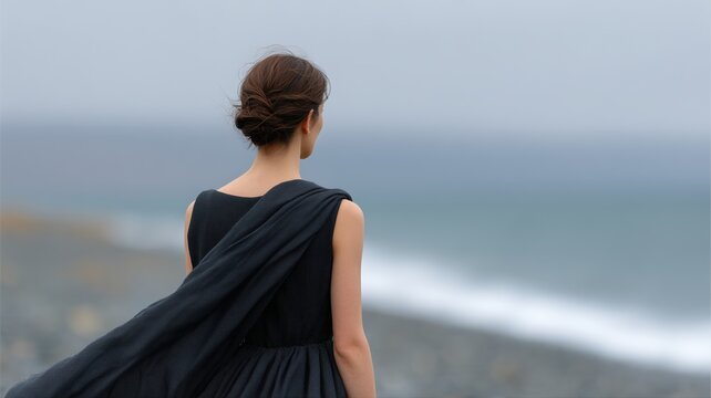 Elegante Frau in langem schwarzem Kleid, die am Strand mit silbernem Stoff wedelt &ndash; Inspiration f&uuml;r Mode-Editorials und K&uuml;stenmotive