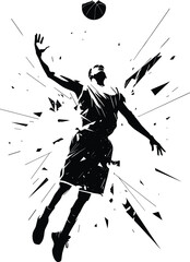 Dynamic Basketball Player Silhouette Vector Illustration with Abstract Explosion Effect and Shards Jumping Action Figure for Sports Team Logo Branding and Athletic Design © MdHasmot