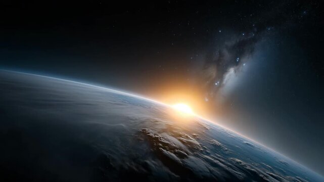 orbital view of Planet Earth at sunrise with the sun emerging over the curved horizon, glowing atmospheric halo illuminating clouds and oceans while distant stars aerial view, light pollution