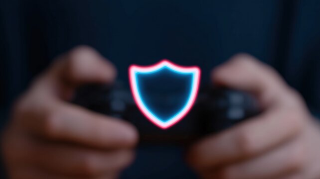 Gaming-Sicherheits- und Cyberschutzkonzept mit Schildsymbol &uuml;ber den H&auml;nden des Spielers
