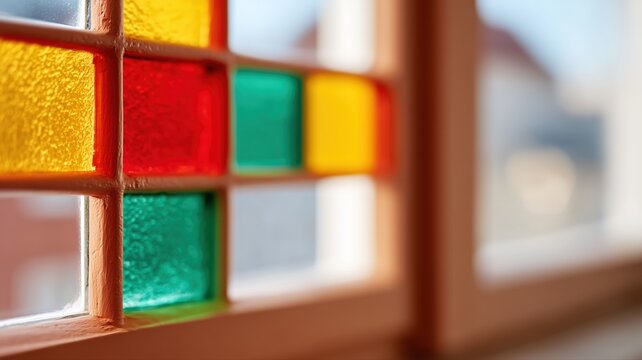 Beleuchtetes, kreuzf&ouml;rmiges Buntglasfenster, das g&ouml;ttliches Licht und Sch&ouml;nheit in religi&ouml;sen Lehren widerspiegelt