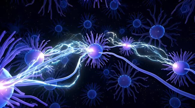 Abstract depiction of neurons firing with electrical signals in dark space