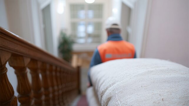 Ein Entr&uuml;mpelungsteam man&ouml;vriert ein Sofa eine enge Altbautreppe in Berlin hinunter &ndash; mit einer leuchtenden und satten Farbpalette.
