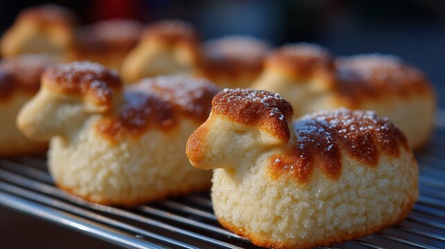 Osterkuchen in Lammform mit Puderzucker auf einem Kuchengitter im hellen Fr&uuml;hlingslicht