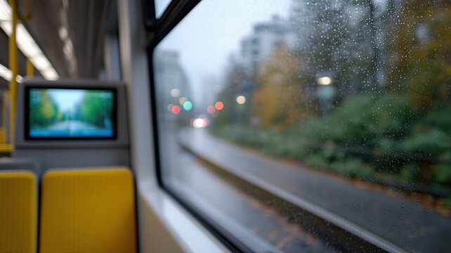 Modernes Interieur der Berliner S-Bahn mit Werbebildschirm und Bewegungsunsch&auml;rfe von Pendlern an einem regnerischen Tag