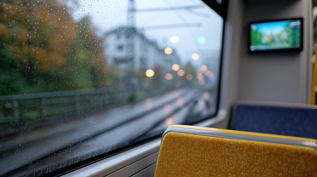 Modernes Stadtverkehrserlebnis in der Berliner S-Bahn mit verschwommener Stadtkulisse und Werbebildschirm