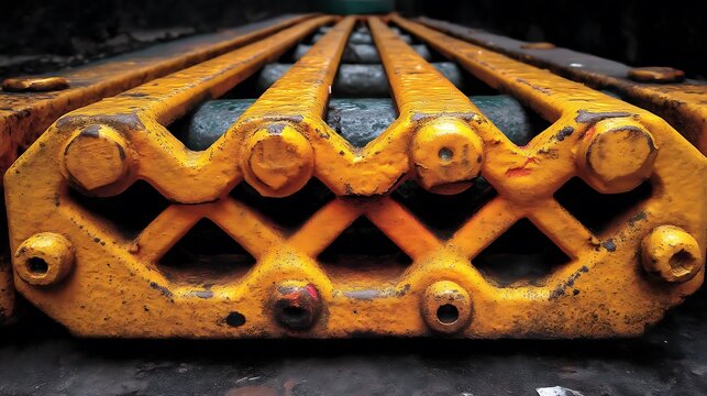 Vibrant yellow heavy-duty industrial conveyor rollers showcasing intricate mechanical design and textured, aged metalwork, symbolizing robust material handling