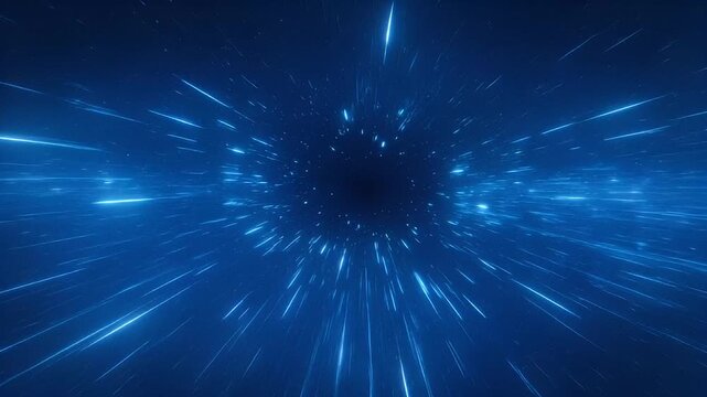 Hyperspace jump with glowing blue lines moving through a dark vortex
