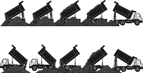 Dump truck unloading gravel sequence silhouettes, construction tipper truck vector set, heavy transport vehicle illustration isolated on white background © Shahanaj