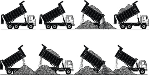 Dump truck unloading gravel silhouettes sequence, construction tipper truck vector illustration set, heavy transport vehicle isolated on white background © Shahanaj