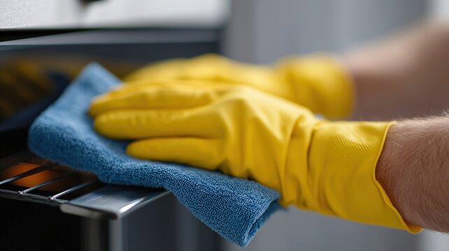 Professionelle gr&uuml;ndliche K&uuml;chenreinigung in einer Altbauwohnung mit Entfettungsmitteln und Checkliste auf dem Handy bei hellem Tageslicht