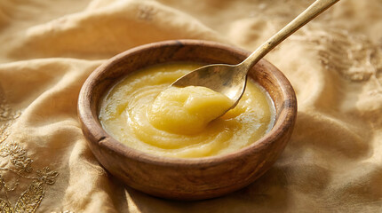 Traditional cow ghee fills a rustic wooden bowl
