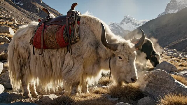 Majestic yaks grazing in stunning mountain landscape. These yaks symbolize strength and serenity in nature. Perfect for travel, wildlife, or adventure themes.