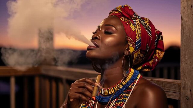 African Woman Smoking Cigar at Sunset with Traditional Attire.
