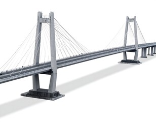Fototapeta premium Gray cable-stayed bridge with two towers spans open space, casting long shadows on a bright white surface