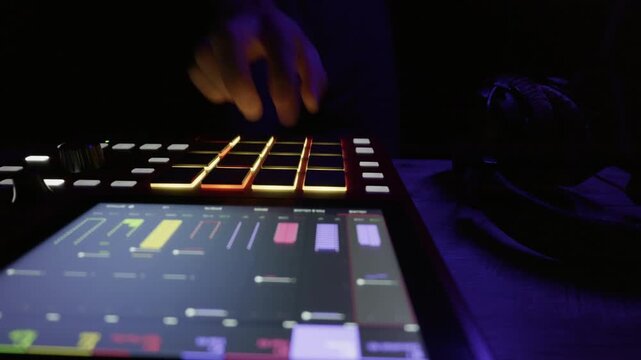 Unrecognizable musician hands tap rhythm on illuminated MIDI pads in a dark studio. Concept of music production, electronic creativity, and modern DJ workflow.