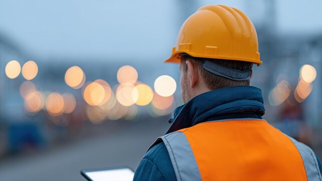 Stahlbauschwei&szlig;en in der Abendd&auml;mmerung, Vorarbeiter nutzt Tablet zur Projektleitung