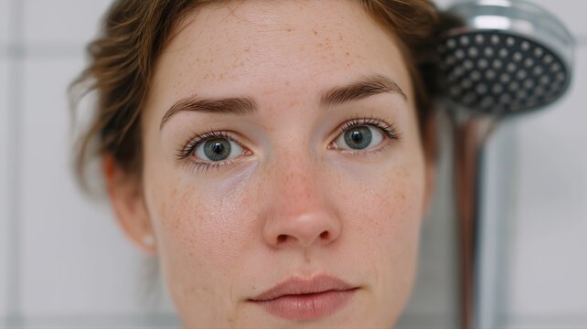 &Uuml;berraschter Gesichtsausdruck, als im deutschen Badezimmer pl&ouml;tzlich das Warmwasser ausf&auml;llt, obwohl man telefonisch einen Reparaturservice f&uuml;r den Boiler gebucht hat.