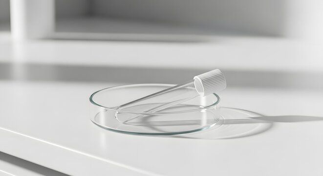 Clear glass petri dish and white pipette tip on a sterile white lab surface for scientific research