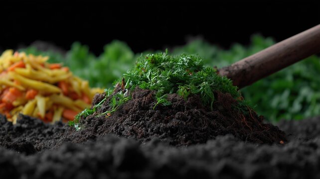 Nachhaltige &Ouml;ko-Landwirtschaft in Deutschland, geschichteter Komposthaufen mit K&uuml;chenabf&auml;llen und Laub f&uuml;r effizientes Kompostieren