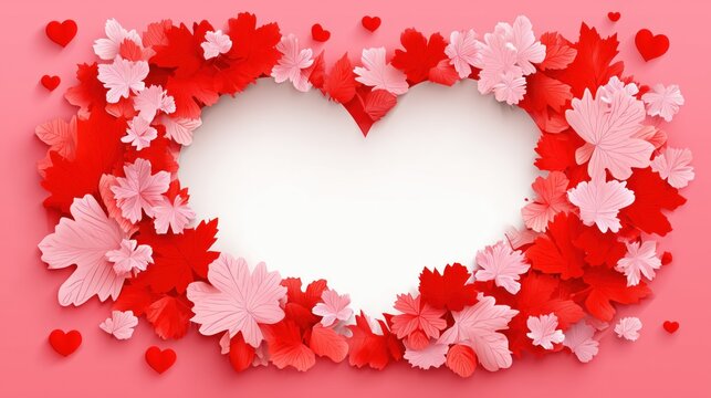 Heart-Shaped Frame with Red and Pink Leaves on a Pink Background for Romantic Designs