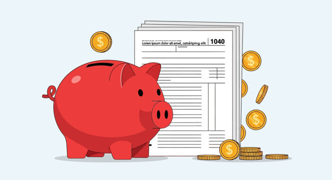 A red piggy bank sits next to a stack of IRS Form 1040 tax documents with gold coins scattered around.