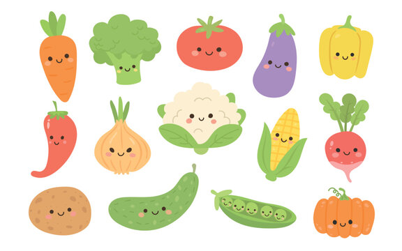 Vegetable kawaii vegetables and cute fruit vector with broccoli veggie green. Cartoon character sticker and vegetable food crayon with illustration eggplant kawaii. Flat vegetable set.