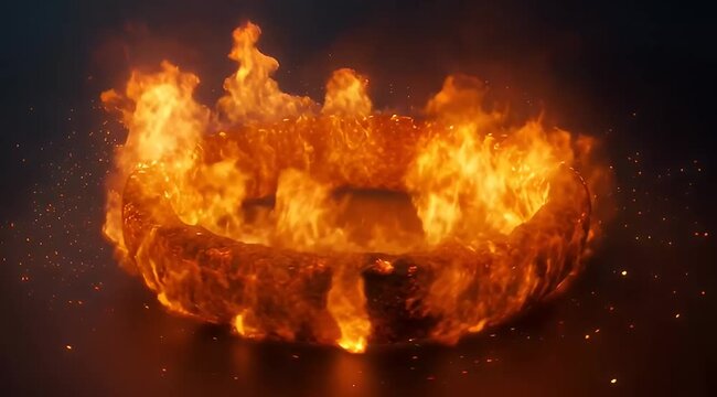 Ring of fire with intense flames and glowing embers in dark setting