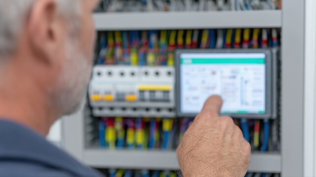 Techniker tauscht Gegensprechanlage aus und analysiert Schaltplan im Treppenhaus eines deutschen Geb&auml;udes