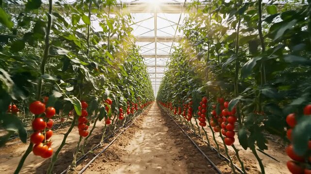 Vibrant tomato greenhouse filled with fresh produce. Rows of red tomatoes thrive under bright sunlight. Lush greenery creates inviting atmosphere for agriculture enthusiasts.