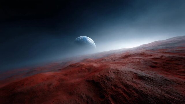 strict reference based recreation, identical framing and camera perspective, foreground red cratered planet occupying the lower half of the frame, curved horizon line exactly across