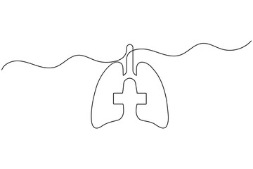 Obraz premium Human lungs with medical cross continuous one line art drawing minimalist anatomy outline vector illustration