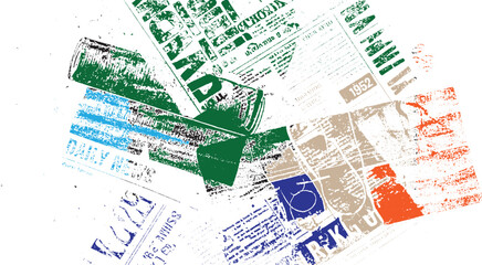 Obraz premium Scattered vintage newspaper clippings with bold color blocks and distressed textures