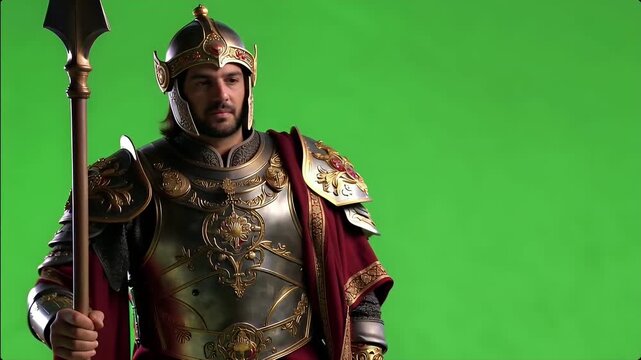 Ornate Persian warrior in armor holding spear on green screen