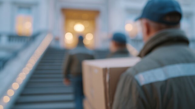 Entr&uuml;mpelungsdienst im Treppenhaus eines historischen Geb&auml;udes mit Personal, das M&ouml;bel tr&auml;gt, und mobiler Abholservice.