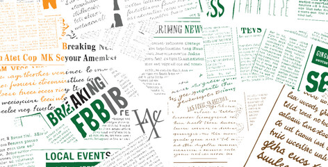 Collage of newspaper clippings and handwritten text in black white orange green and brown