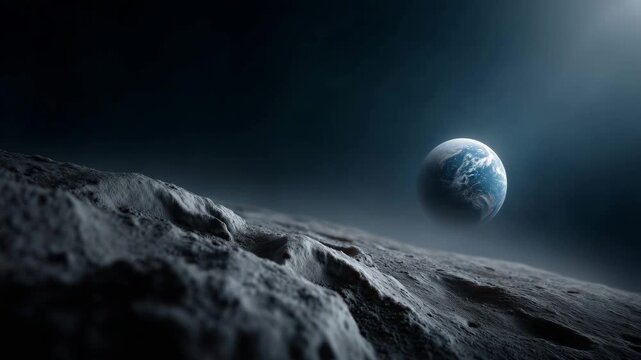 View from the cratered surface of the Moon looking out into deep space where the blu, science fiction, tranquility, isolation, vastness, darkness, lunar surface
