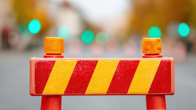 St&auml;dtische Verkehrsschranke mit Warnleuchten auf einer Stadtstra&szlig;e zur Sicherung von Baustellen