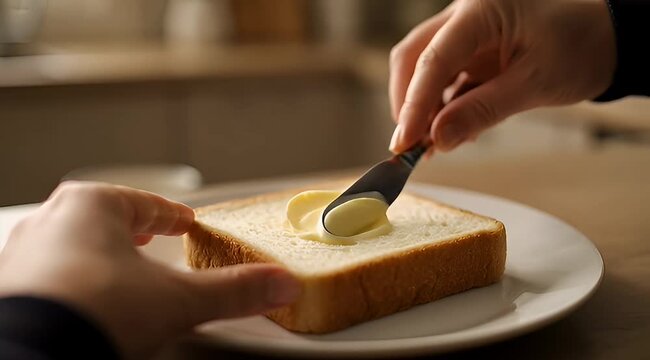 Person spreading butter on a slice of bread on a plate