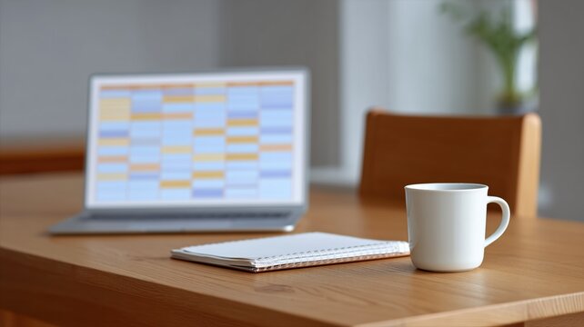 Konzept f&uuml;r die Preisverwaltung von Ferienwohnungen mit Laptop-Kalenderanzeige, Kaffee und Notizbuch f&uuml;r die Gesch&auml;ftsstrategie