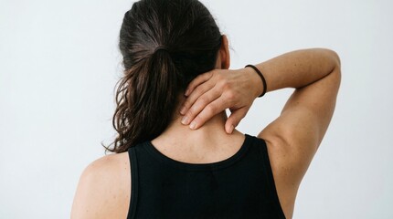 Fototapeta premium Stiff neck relief Woman massages her sore neck with against a white background.