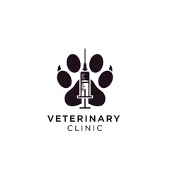Minimalist veterinary clinic logo with black animal paw and medical syringe symbol design