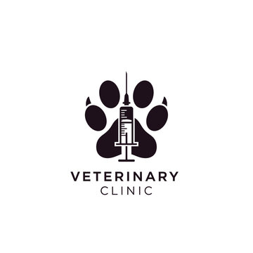 Minimalist veterinary clinic logo with black animal paw and medical syringe symbol design