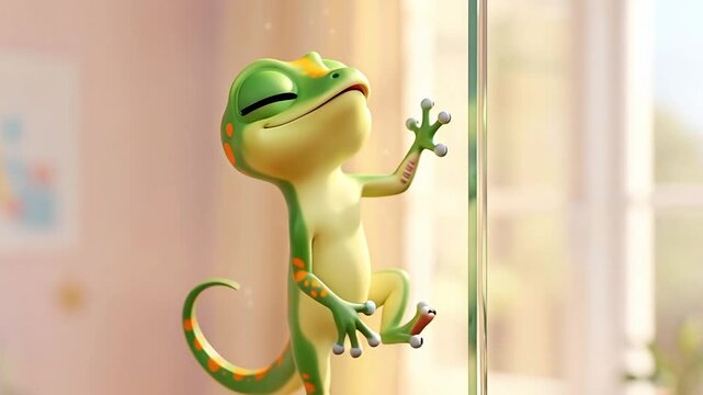 Animated Gecko Character Clinging to a Glass Surface in a Bright Room.